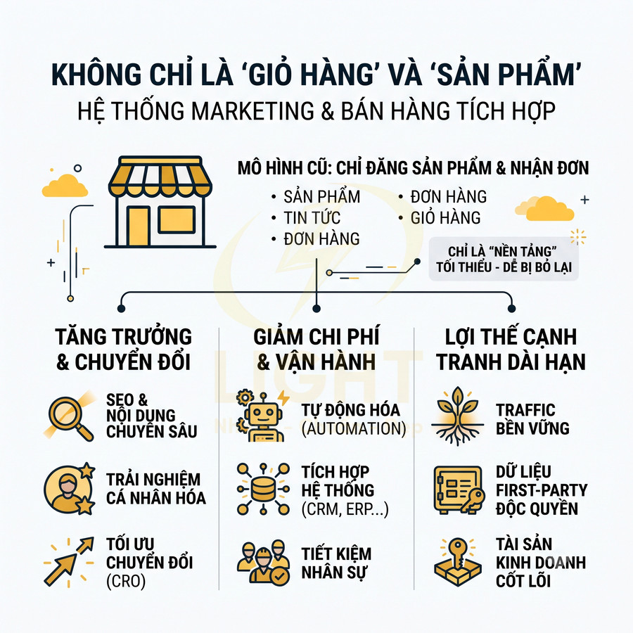 Infographic hệ thống marketing và bán hàng tích hợp giúp tăng trưởng chuyển đổi, giảm chi phí và tạo lợi thế cạnh tranh