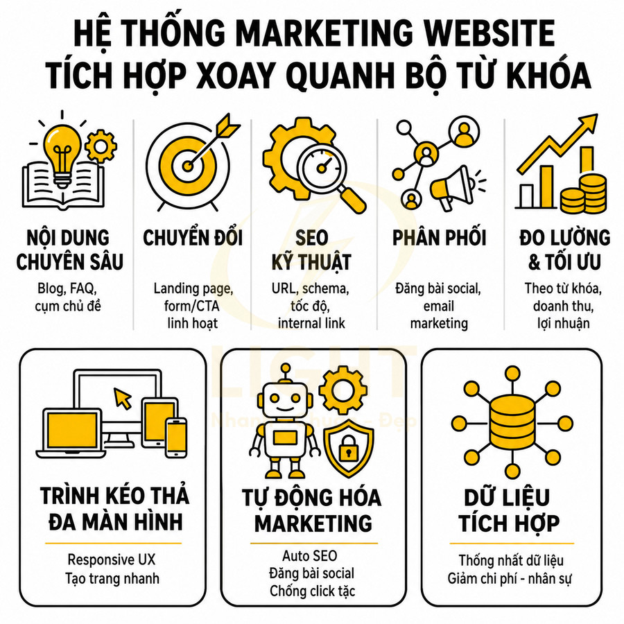 Mô hình hệ thống marketing website xoay quanh bộ từ khóa với nội dung, SEO, chuyển đổi, phân phối và đo lường