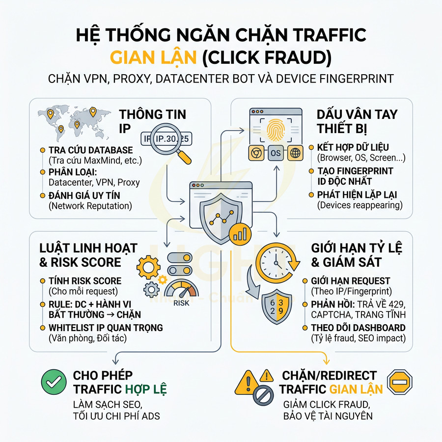 Infographic hệ thống ngăn chặn traffic gian lận click fraud, chặn VPN proxy bot và tối ưu chi phí quảng cáo