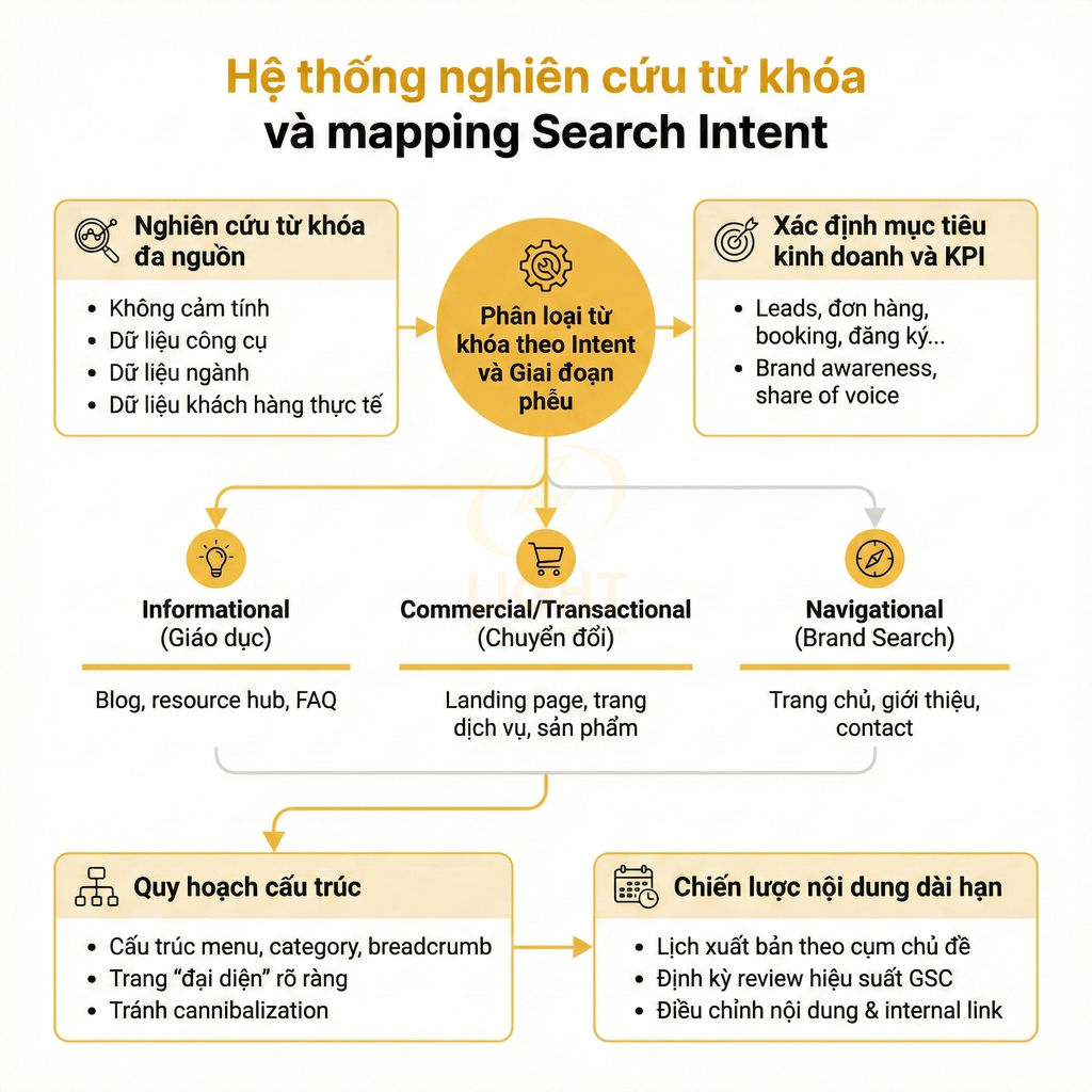 Sơ đồ hệ thống nghiên cứu từ khóa và mapping search intent cho chiến lược nội dung SEO
