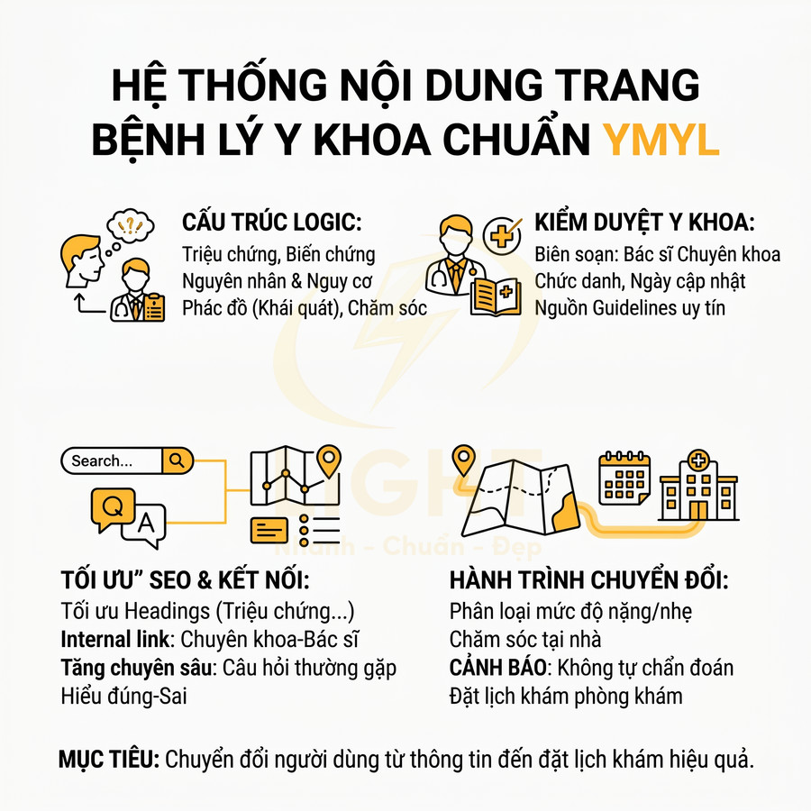 Infographic hệ thống nội dung trang bệnh lý y khoa chuẩn YMYL, tối ưu SEO và hành trình chuyển đổi đặt lịch khám