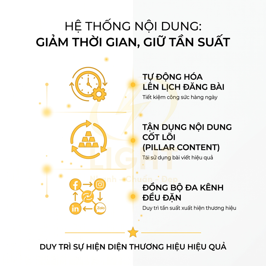 Hệ thống nội dung marketing giúp tự động hóa lịch đăng bài, tận dụng nội dung cốt lõi và đồng bộ đa kênh thương hiệu
