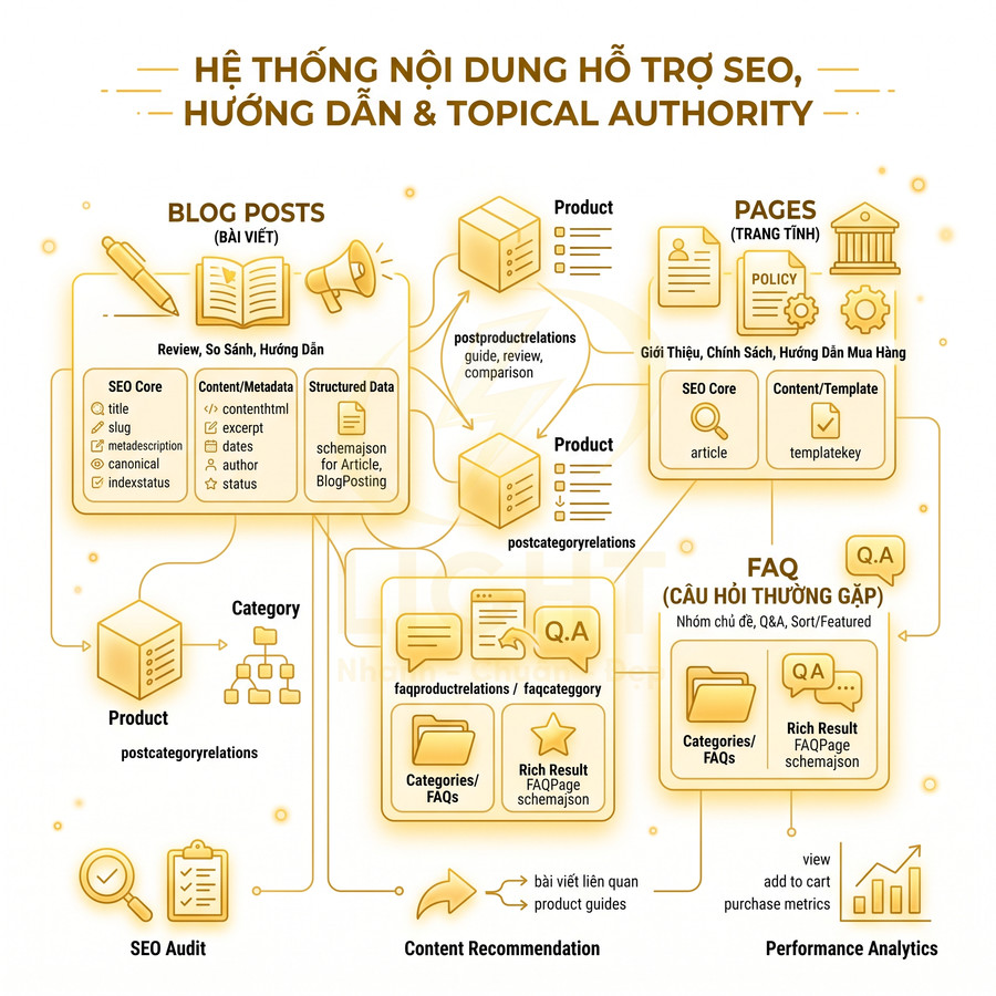 Sơ đồ hệ thống nội dung hỗ trợ SEO với blog posts, product, pages, FAQ, category và phân tích hiệu suất