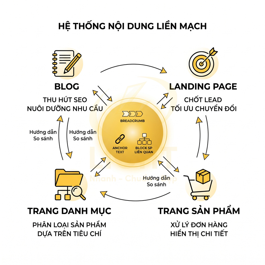 Sơ đồ hệ thống nội dung liên mạch gồm blog, landing page, trang danh mục và trang sản phẩm trong chiến lược SEO
