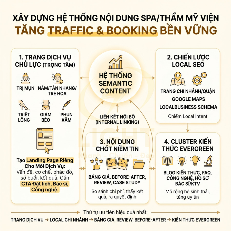 Thiết kế website chuẩn SEO cho spa, thẩm mỹ viện nên ưu tiên trang nào để tăng traffic và booking bền vững