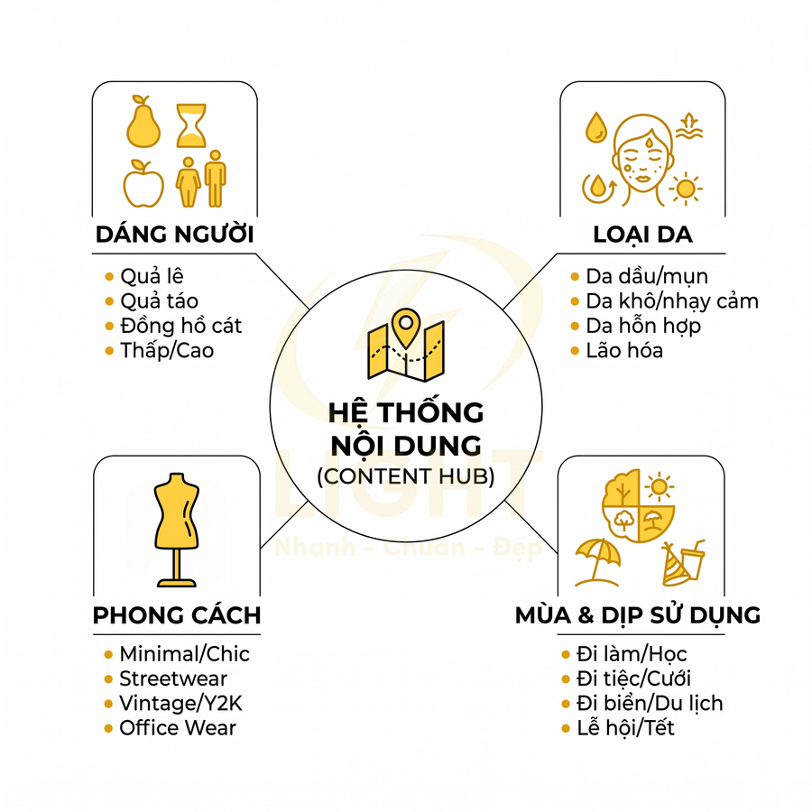 Sơ đồ hệ thống nội dung thời trang làm đẹp theo dáng người, loại da, phong cách và mùa dịp sử dụng