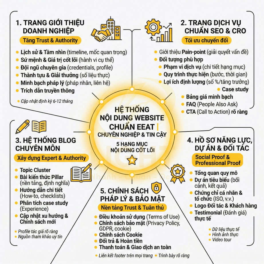 Sơ đồ hệ thống nội dung website chuẩn EEAT với 5 hạng mục cốt lõi tối ưu SEO và tăng độ tin cậy