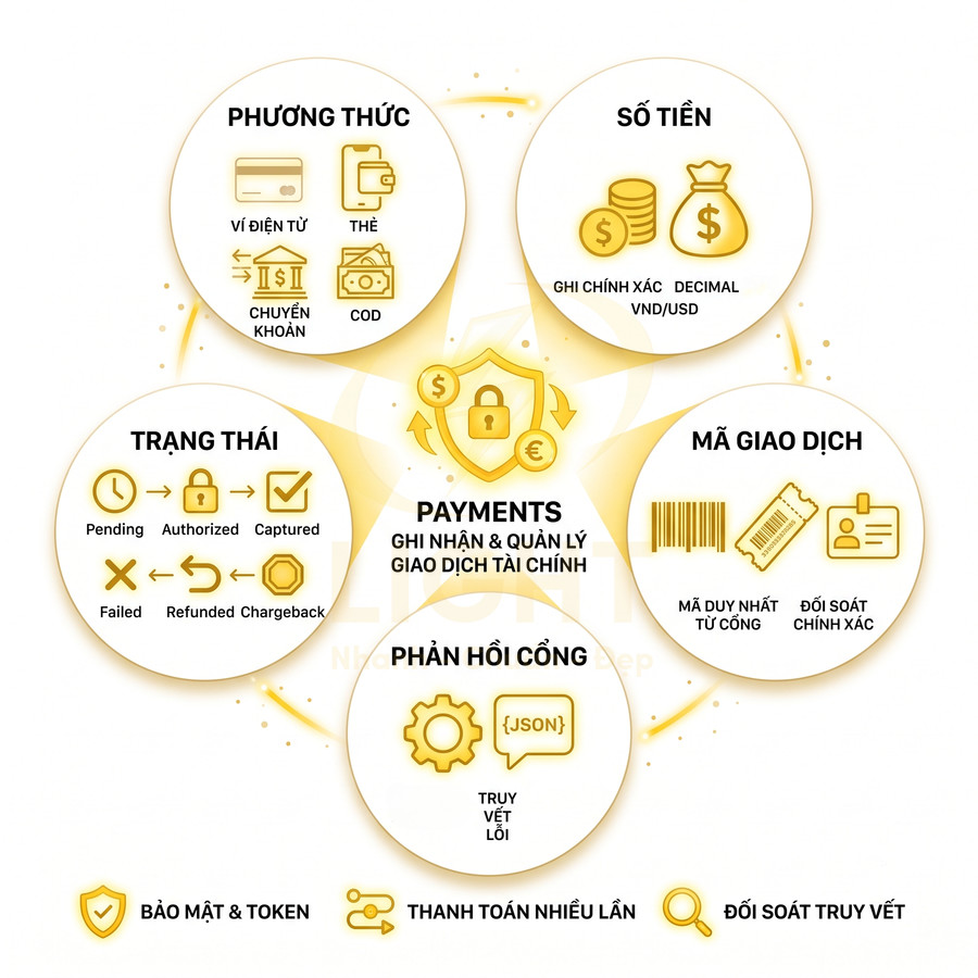 Sơ đồ hệ thống payments ghi nhận và quản lý giao dịch tài chính với phương thức, số tiền, mã giao dịch, trạng thái, phản hồi cổng