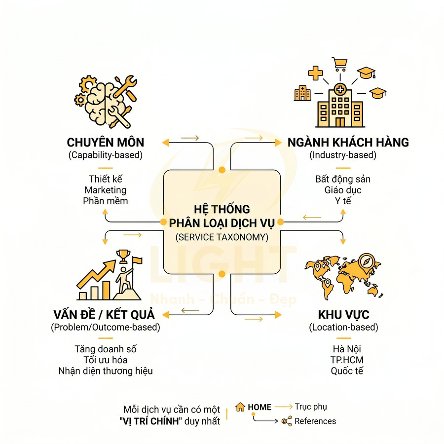 Sơ đồ hệ thống phân loại dịch vụ theo chuyên môn, ngành khách hàng, vấn đề kết quả và khu vực hoạt động