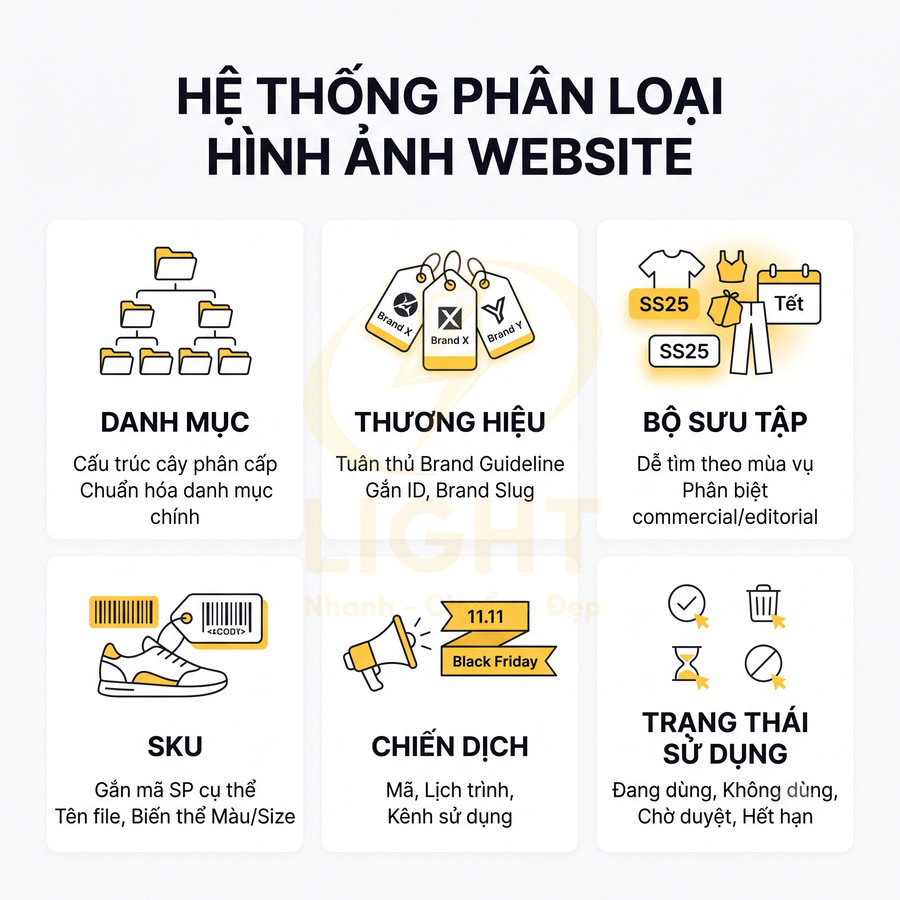 Hệ thống phân loại hình ảnh website với danh mục thương hiệu bộ sưu tập SKU chiến dịch và trạng thái sử dụng