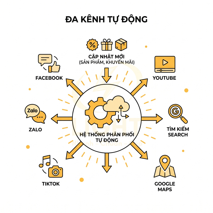 Sơ đồ hệ thống phân phối tự động cập nhật sản phẩm khuyến mãi lên Facebook Zalo TikTok YouTube Google Maps và tìm kiếm