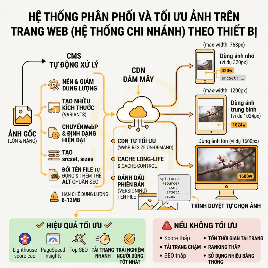 Sơ đồ hệ thống phân phối và tối ưu ảnh web theo thiết bị với CDN đám mây và CMS tự động xử lý ảnh