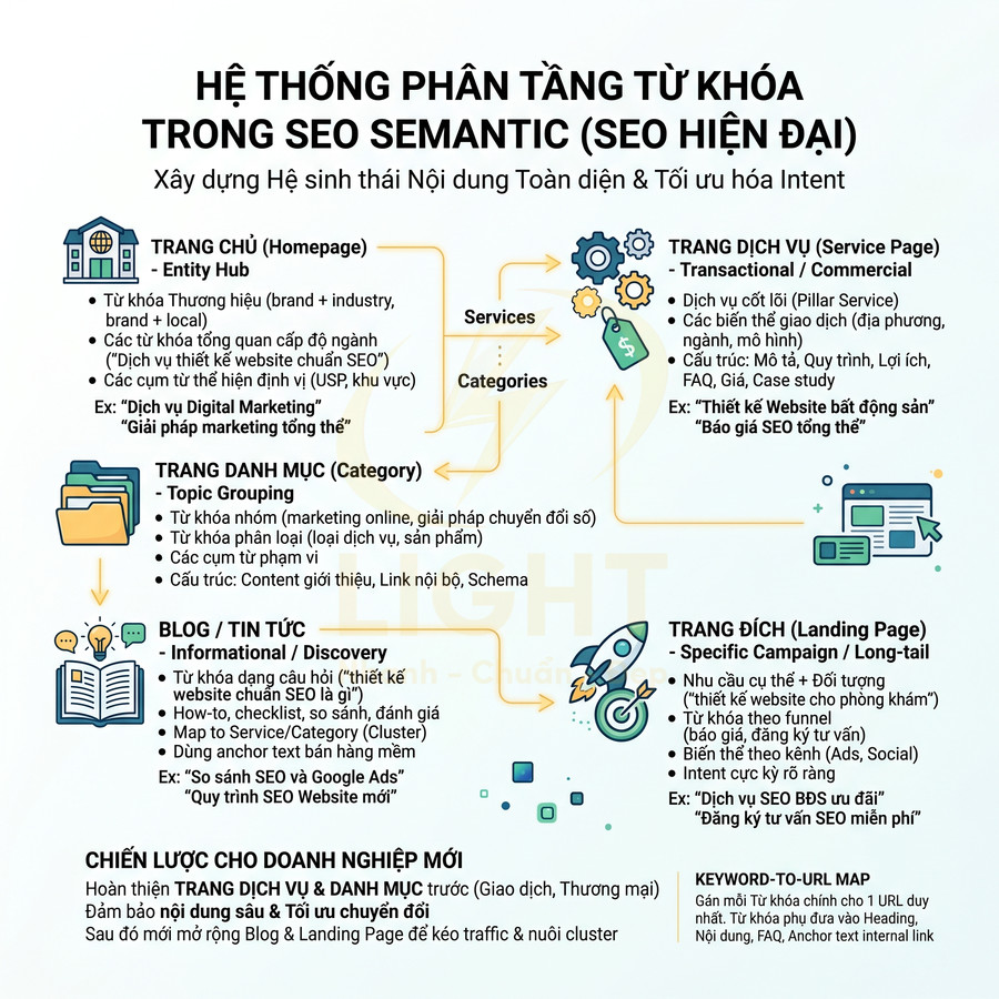 Sơ đồ hệ thống phân tầng từ khóa trong SEO semantic hiện đại bằng tiếng Việt
