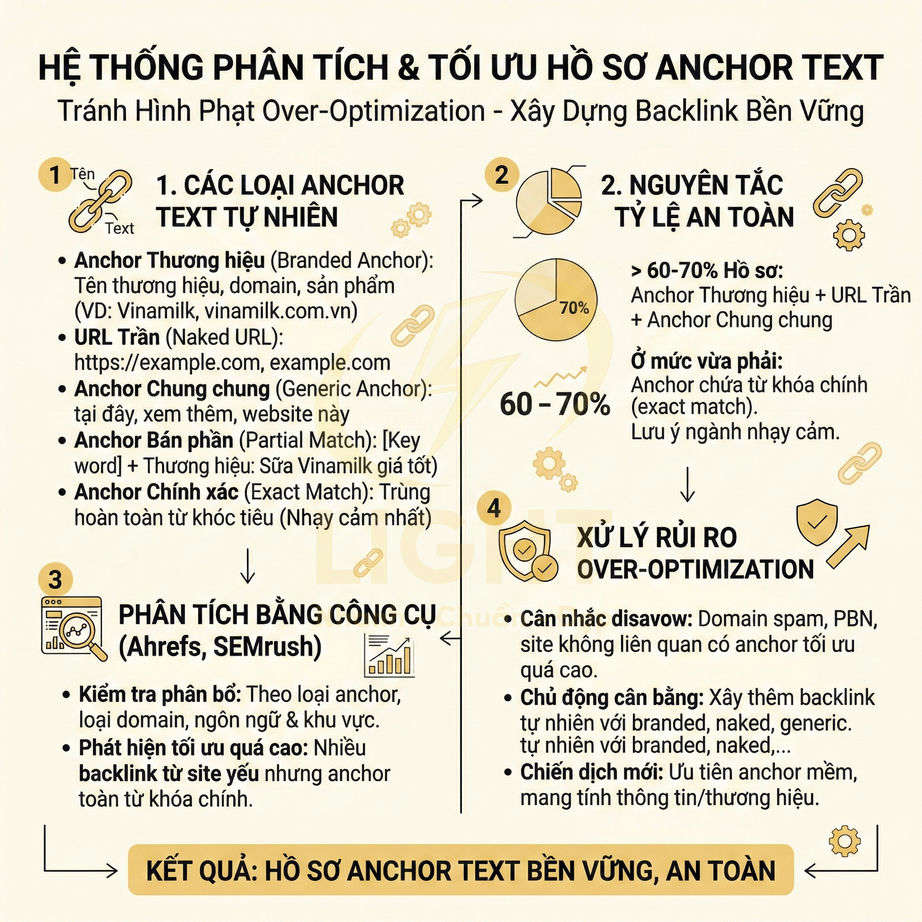 Infographic hệ thống phân tích và tối ưu hồ sơ anchor text để tránh over optimization và xây dựng backlink bền vững