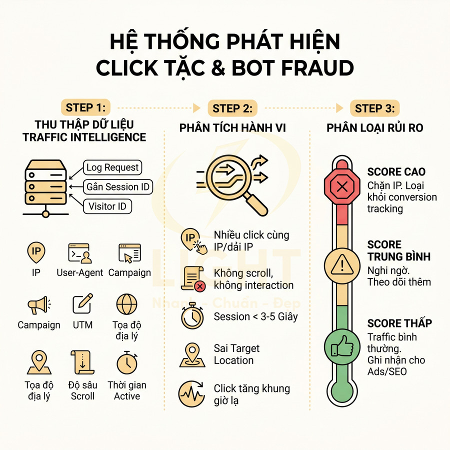 Hệ thống phát hiện click tặc và bot fraud với 3 bước thu thập dữ liệu, phân tích hành vi, phân loại rủi ro