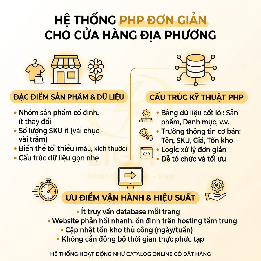 Infographic hệ thống PHP đơn giản cho cửa hàng địa phương, nêu đặc điểm sản phẩm, cấu trúc kỹ thuật và ưu điểm hiệu suất