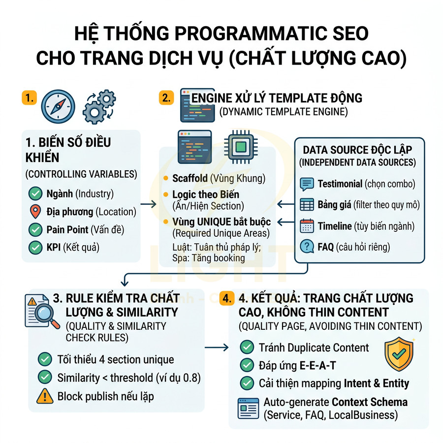 Sơ đồ hệ thống programmatic SEO cho trang dịch vụ chất lượng cao với biến số điều khiển và kiểm tra nội dung