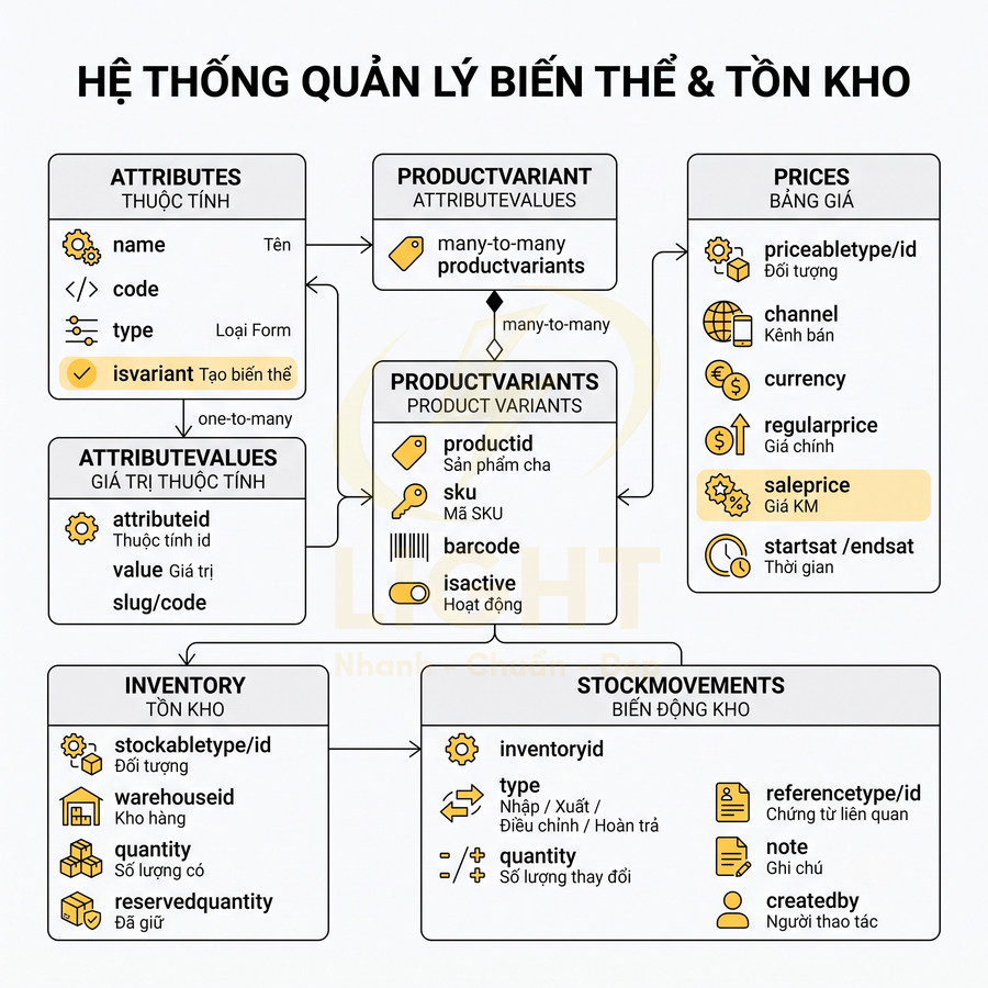 Sơ đồ hệ thống quản lý biến thể sản phẩm và tồn kho với thuộc tính, giá bán và biến động kho