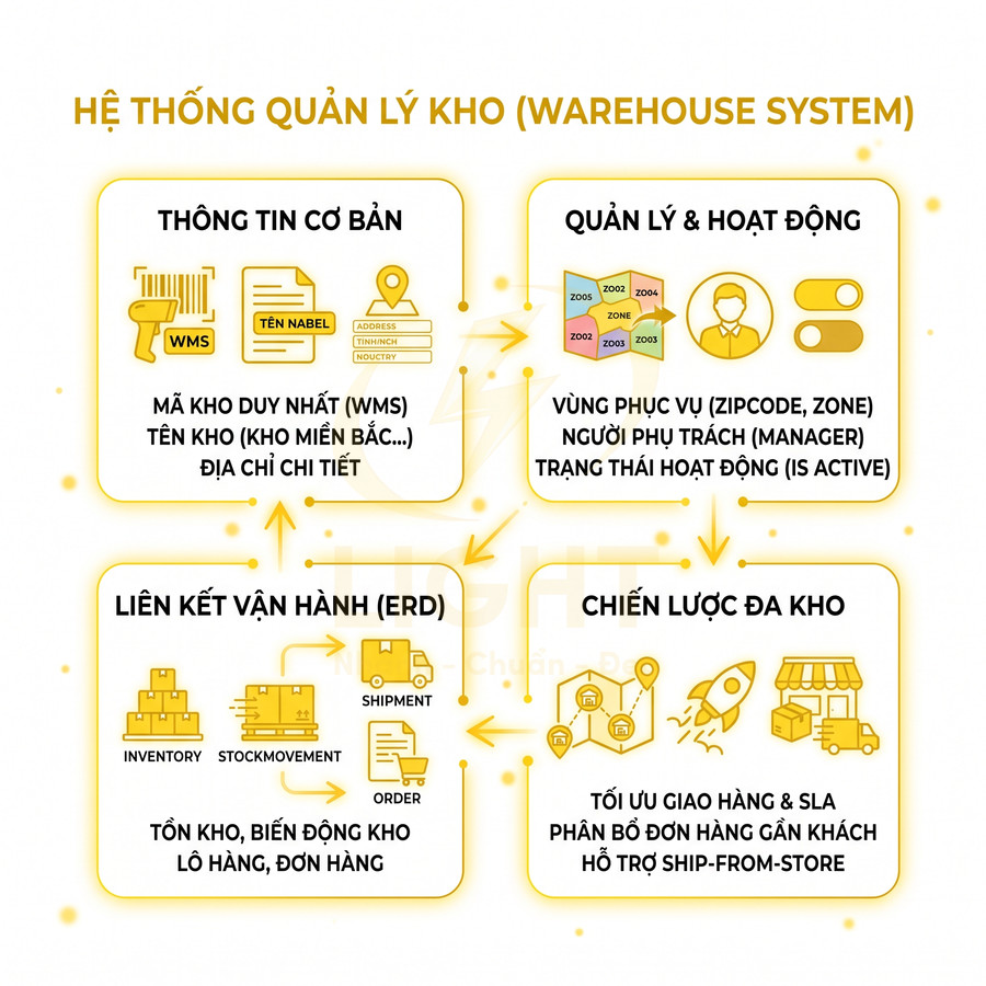 Sơ đồ hệ thống quản lý kho WMS với thông tin kho, quản lý hoạt động, liên kết vận hành và chiến lược đa kho