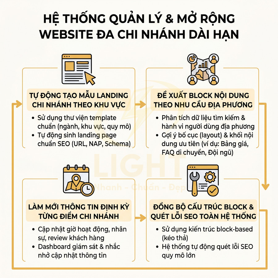 Infographic hệ thống quản lý và mở rộng website đa chi nhánh dài hạn với các bước tối ưu SEO