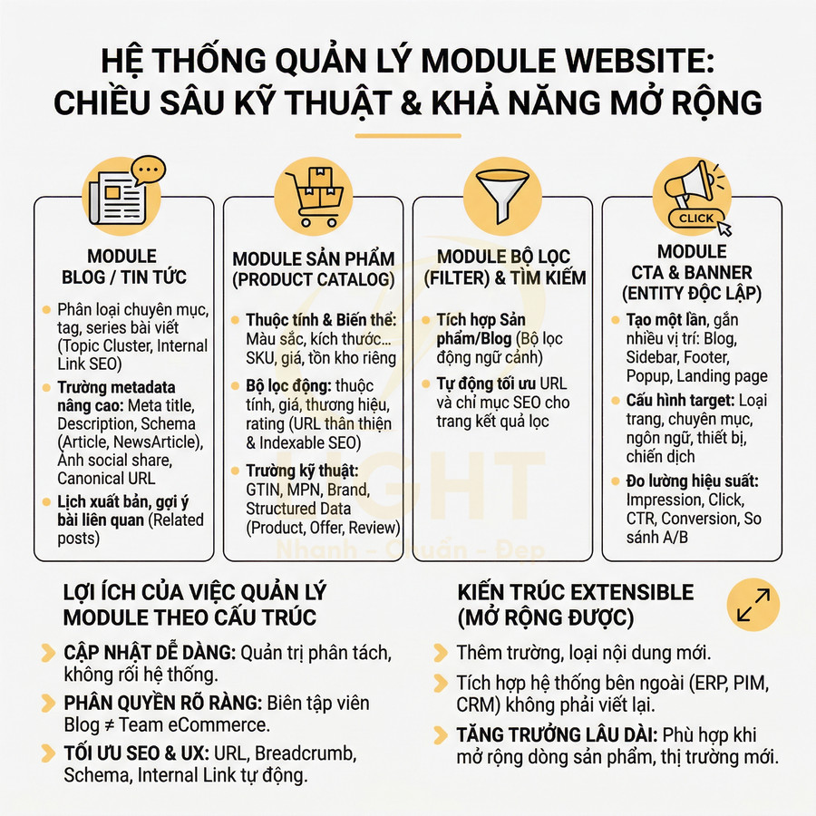Hệ thống quản lý module website chuyên nghiệp với blog, sản phẩm, CTA banner và lợi ích mở rộng cho SEO