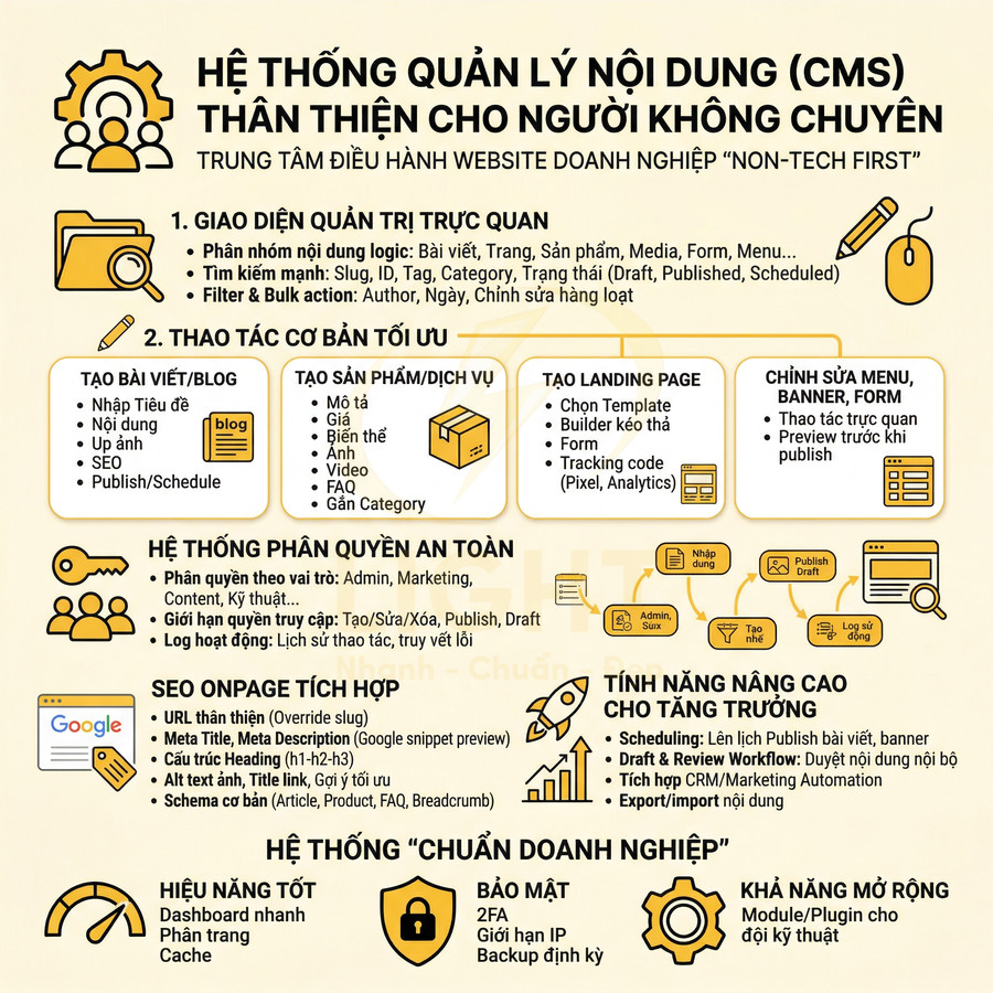 Mô tả hệ thống quản lý nội dung CMS thân thiện cho người không chuyên với các tính năng SEO và quản trị website doanh nghiệp