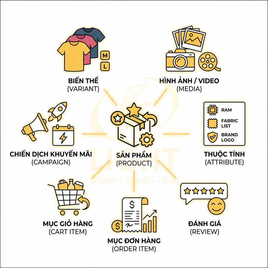 Sơ đồ các thành phần sản phẩm trong hệ thống ecommerce gồm biến thể, media, thuộc tính, khuyến mãi, giỏ hàng, đơn hàng, đánh giá
