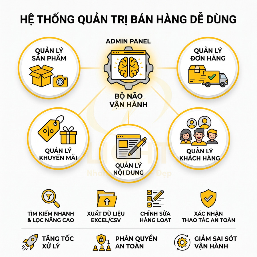 Hệ thống quản trị bán hàng với admin panel quản lý sản phẩm, đơn hàng, khuyến mãi, nội dung và khách hàng