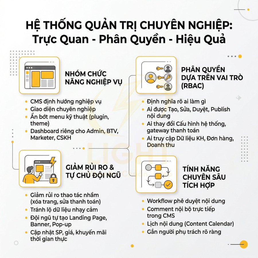 Hệ thống quản trị nội dung CMS chuyên nghiệp với phân quyền vai trò, giảm rủi ro và tính năng tích hợp nâng cao