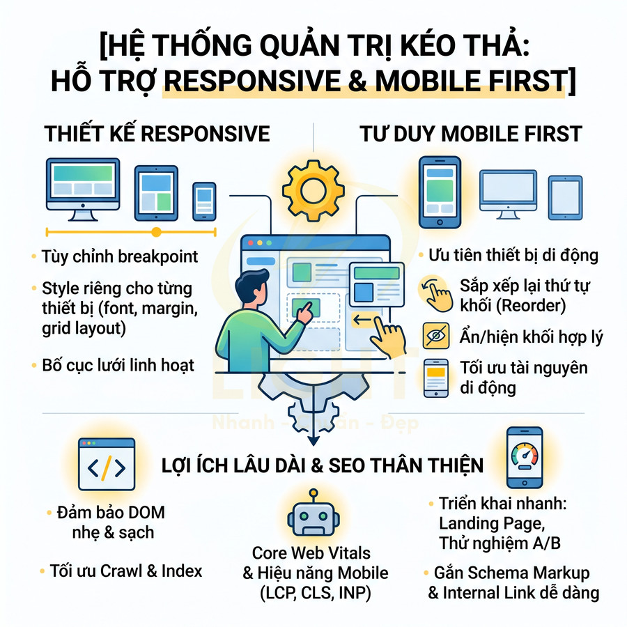 Infographic hệ thống quản trị kéo thả hỗ trợ thiết kế web responsive, mobile first và tối ưu SEO