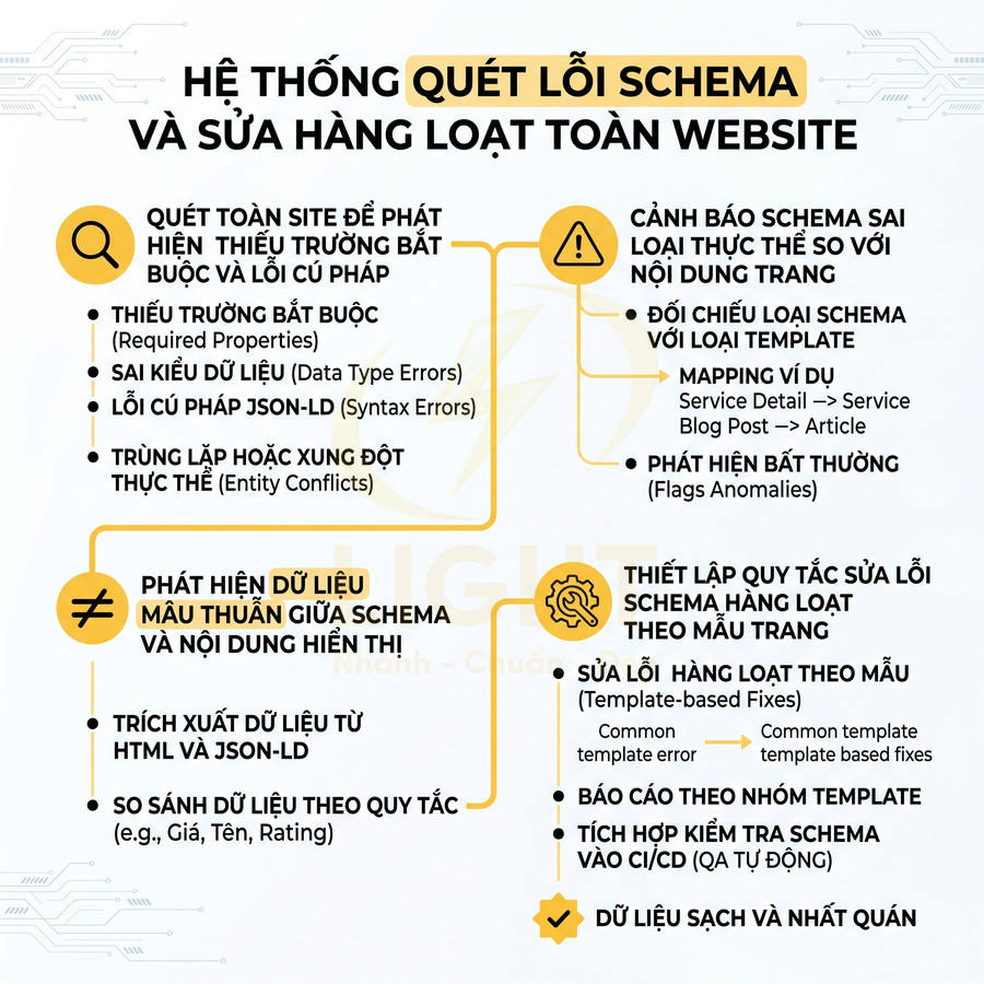 Hệ thống quét lỗi schema và sửa hàng loạt toàn website giúp dữ liệu sạch và nhất quán