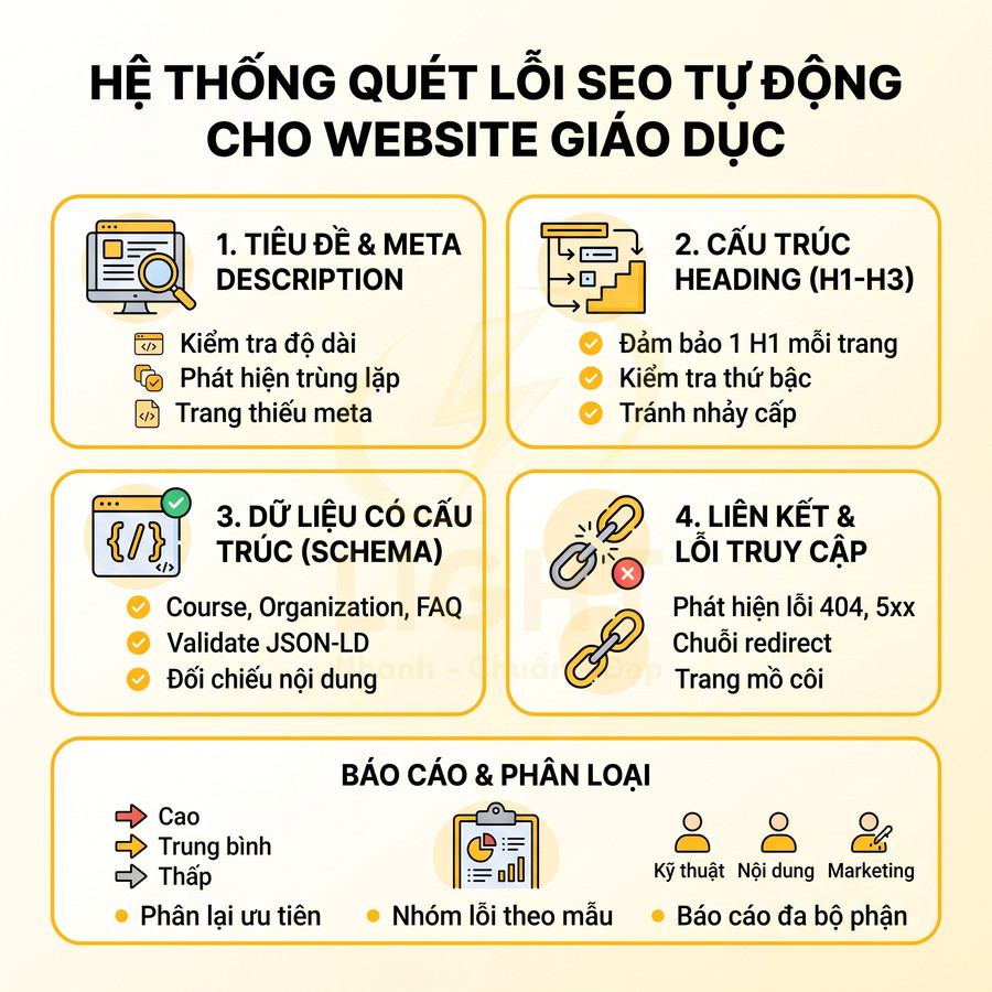 Hệ thống quét lỗi SEO tự động cho website giáo dục với kiểm tra tiêu đề, heading, schema, liên kết và báo cáo phân loại