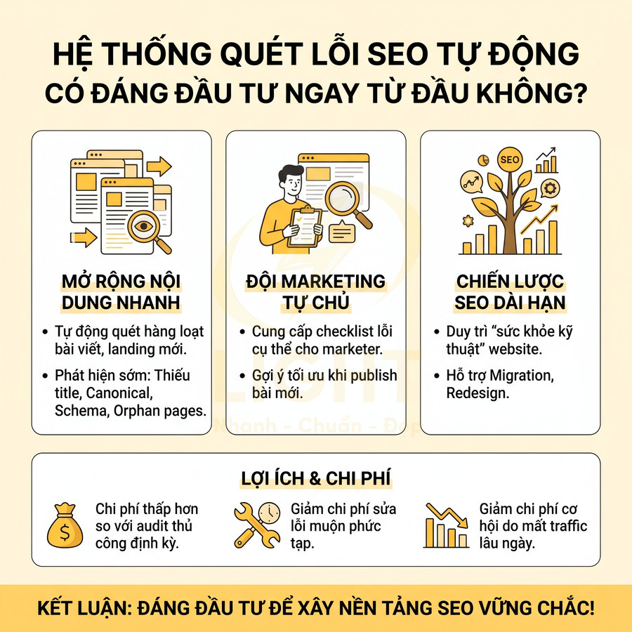Hệ thống quét lỗi SEO tự động giúp mở rộng nội dung nhanh, tối ưu đội marketing và chiến lược SEO dài hạn