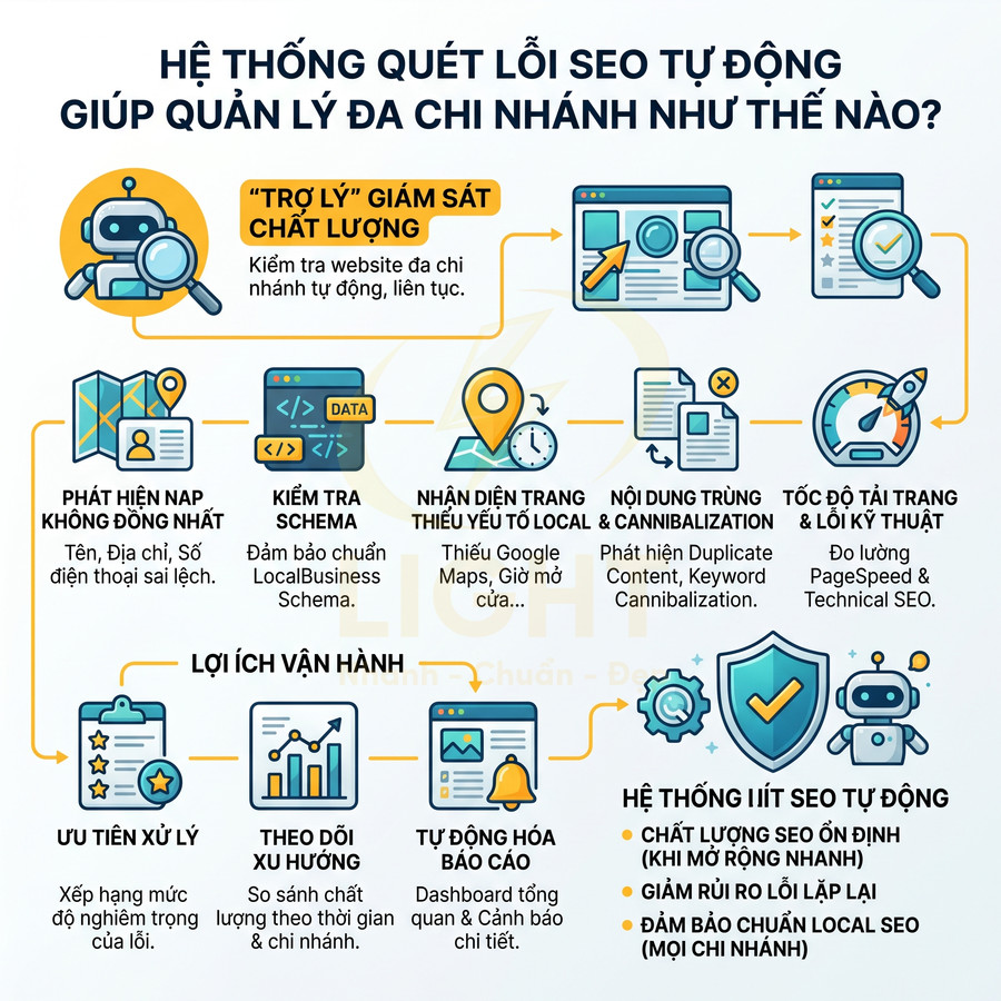 Hệ thống quét lỗi SEO tự động hỗ trợ quản lý đa chi nhánh, phát hiện lỗi kỹ thuật và nội dung website