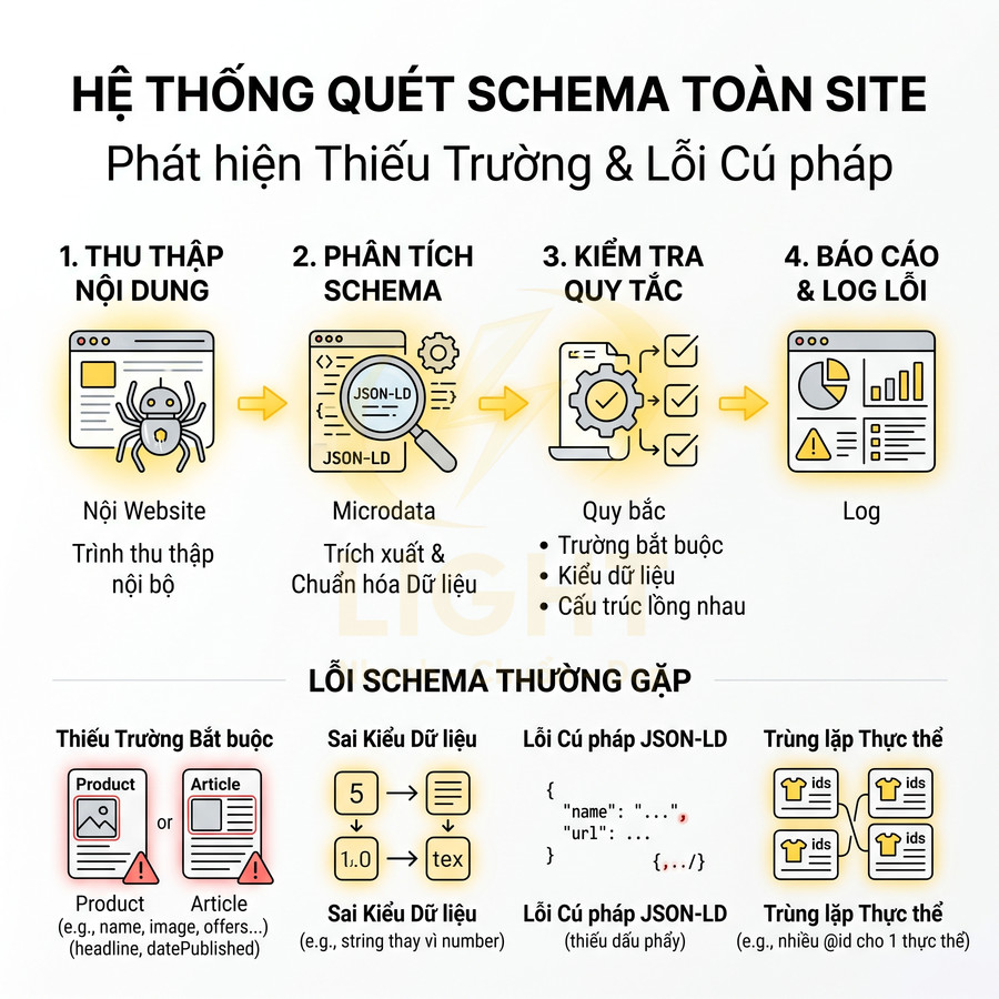 Hệ thống quét schema toàn site phát hiện thiếu trường và lỗi cú pháp JSON LD cho website SEO
