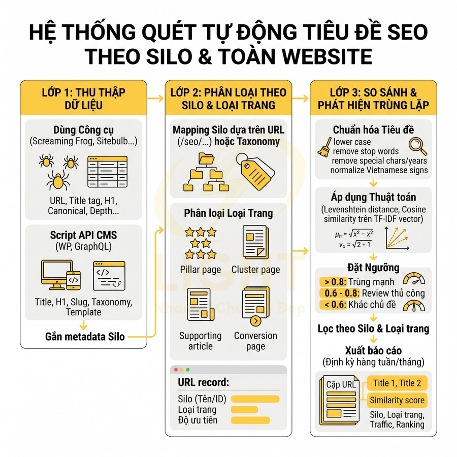 Sơ đồ hệ thống quét tự động tiêu đề SEO theo silo và toàn website với ba lớp xử lý dữ liệu
