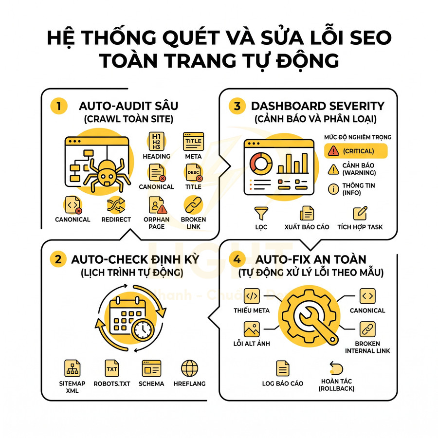 Hệ thống tự động quét, kiểm tra định kỳ và sửa lỗi SEO onpage toàn trang bằng dashboard và auto fix