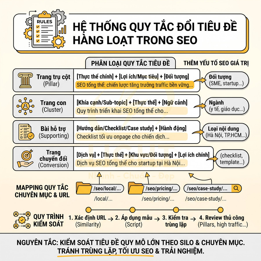 Infographic hệ thống quy tắc đổi tiêu đề hàng loạt trong SEO với các loại trang pillar, cluster, supporting, conversion