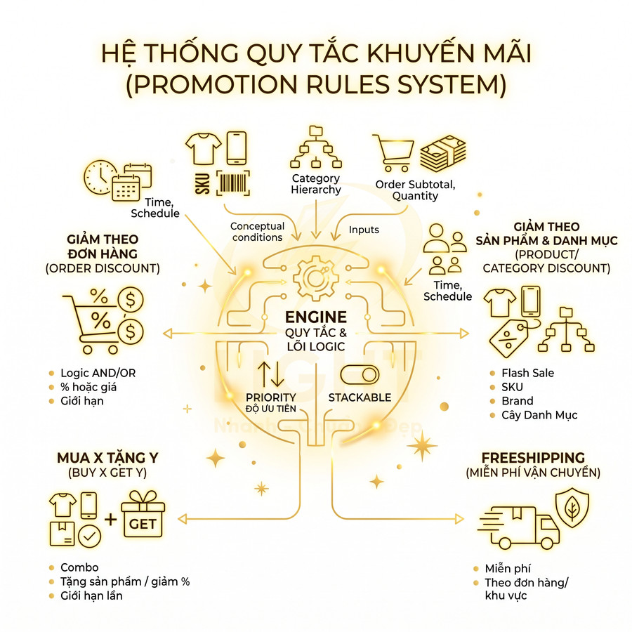 Sơ đồ hệ thống quy tắc khuyến mãi với các loại giảm giá đơn hàng, sản phẩm, mua X tặng Y và freeship