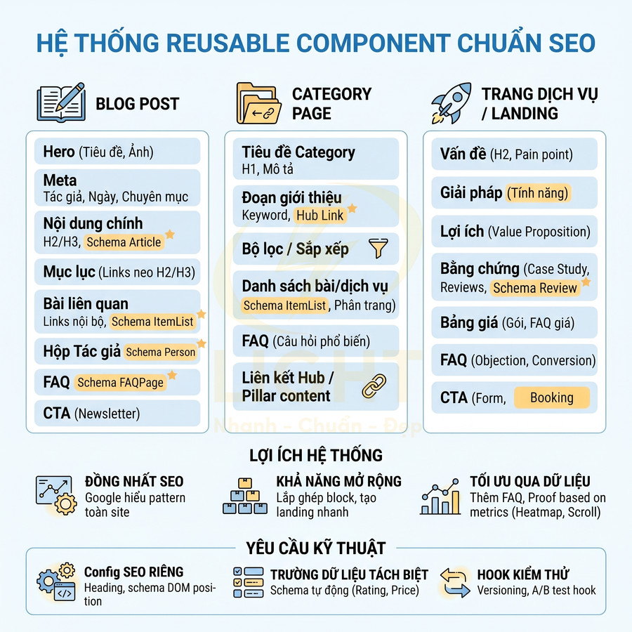 Hệ thống reusable component chuẩn SEO cho blog post, category page và trang dịch vụ, kèm lợi ích và yêu cầu kỹ thuật