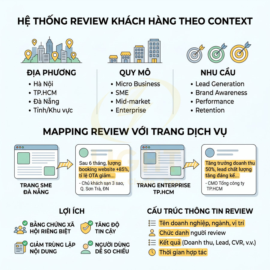 Infographic hệ thống review khách hàng theo context, mapping review với trang dịch vụ và lợi ích cho doanh nghiệp