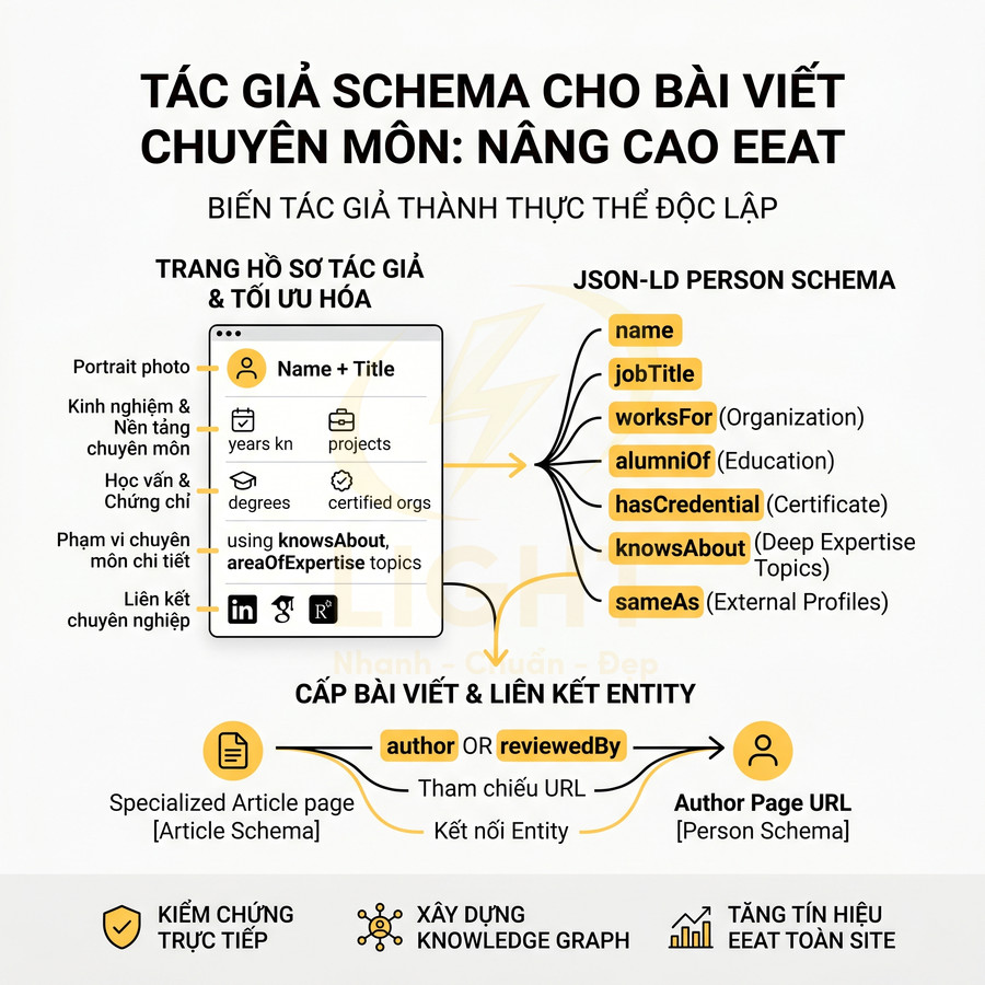Sơ đồ hệ thống schema tác giả và EEAT hướng dẫn xây dựng hồ sơ tác giả và triển khai schema Person JSON LD