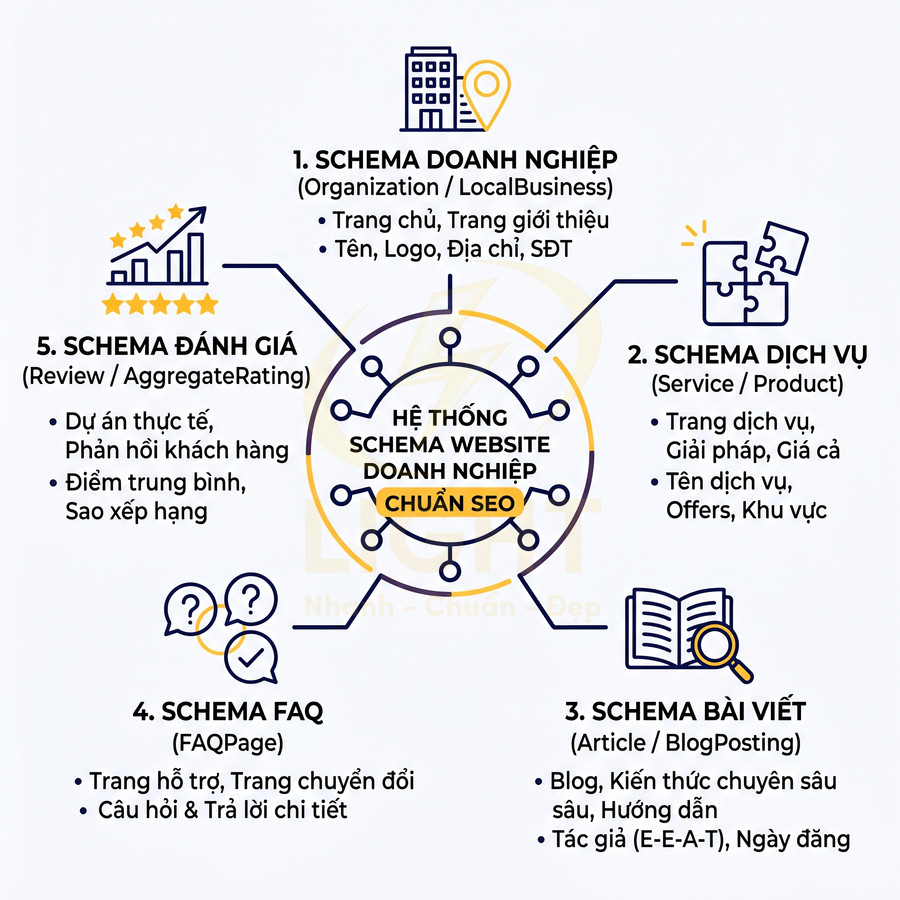 Sơ đồ hệ thống schema website doanh nghiệp chuẩn SEO với 5 loại schema chính và nội dung triển khai