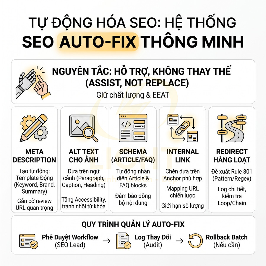 Giải pháp SEO Auto Fix tự động tối ưu meta description, alt text, schema, internal link và redirect hàng loạt
