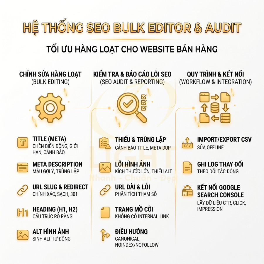Hệ thống SEO Bulk Editor và Audit tối ưu hàng loạt nội dung website bán hàng với các tính năng chỉnh sửa và kiểm tra SEO