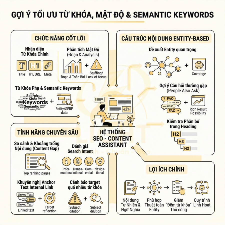 Mô tả infographic hệ thống SEO Content Assistant với tính năng tối ưu từ khóa, mật độ và semantic keywords
