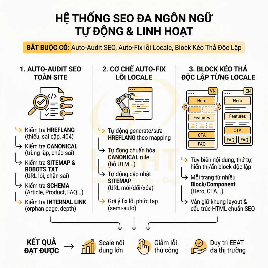Mô tả hệ thống SEO đa ngôn ngữ tự động với auto audit, auto fix lỗi locale và block kéo thả độc lập