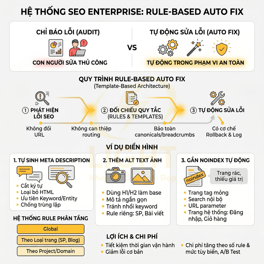 Mô tả hệ thống SEO Enterprise Rule Based Auto Fix với quy trình phát hiện và tự động sửa lỗi SEO