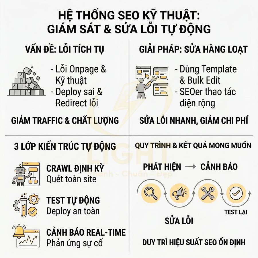 Hệ thống SEO kỹ thuật tự động giám sát và sửa lỗi onpage, crawl định kỳ, test tự động và cảnh báo real time