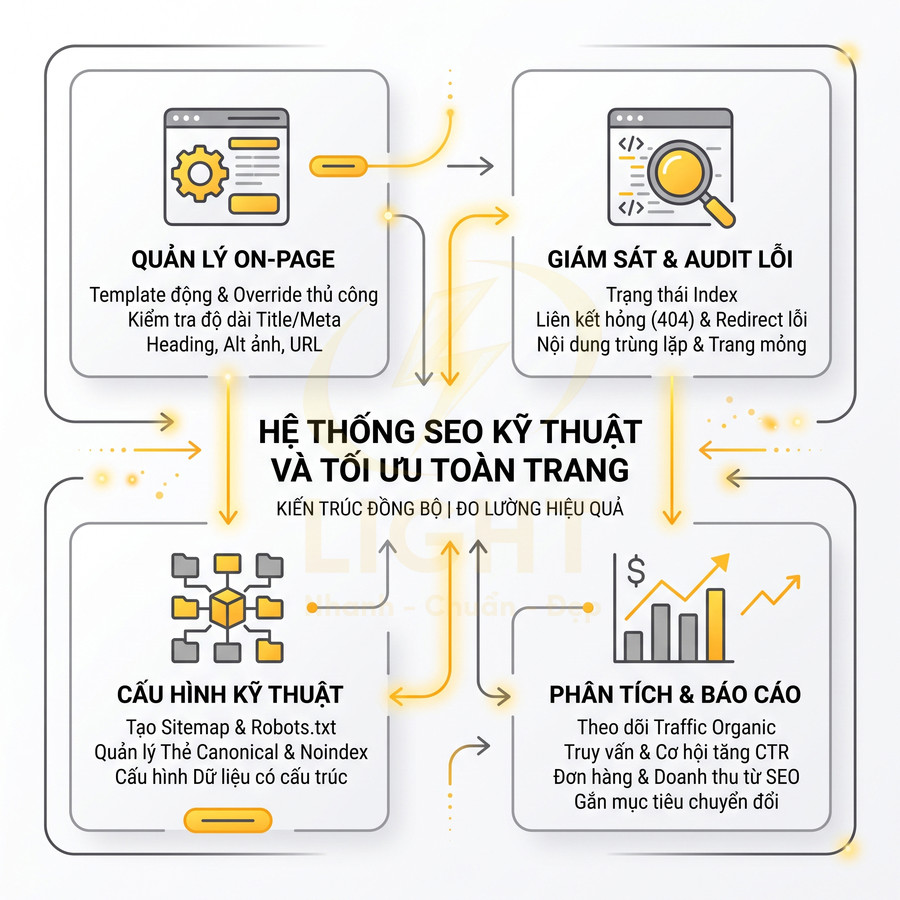 Sơ đồ hệ thống SEO kỹ thuật và tối ưu toàn trang với quản lý onpage, cấu hình kỹ thuật, giám sát lỗi, phân tích báo cáo